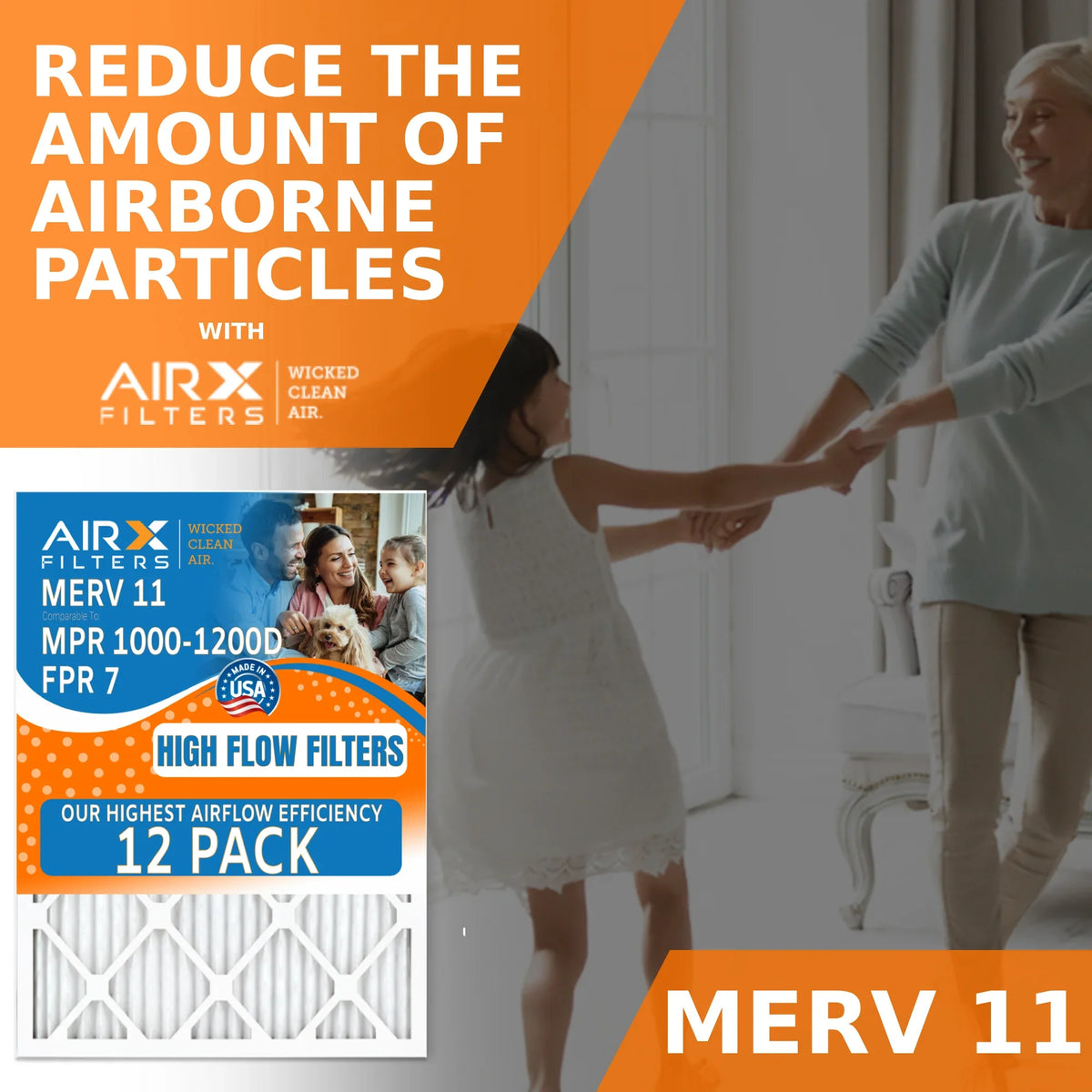 14x25x1 Air Filter MERV 11 Rating, 12 Pack of Furnace Filters Comparable to MPR 1000, MPR 1200, FPR 7, High Efficiency 12 Pack of Furnace Filters Made in USA by AIRX FILTERS WICKED CLEAN AIR.
