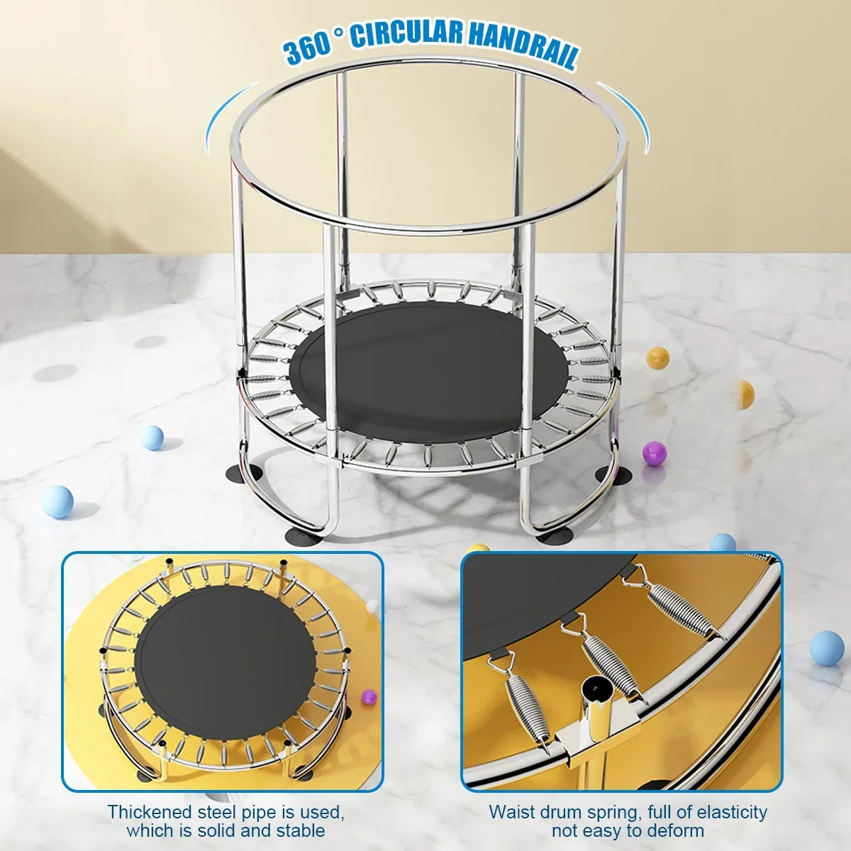 Fisca 55''Mini Trampoline for Kids, Toddler Trampoline with Basketball Hoop, Enclosure Net and Rings, Indoor Trampoline, 555lbs Load