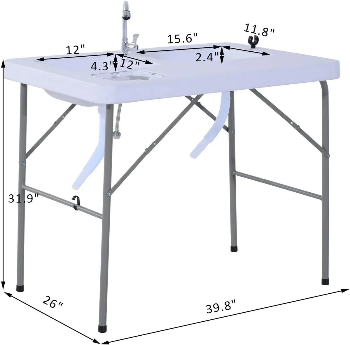 Folding Camping Table with Faucet and Dual Liquid Basins, Outdoor Fish Table Sink Station, for Picnic, Fishing, 40''