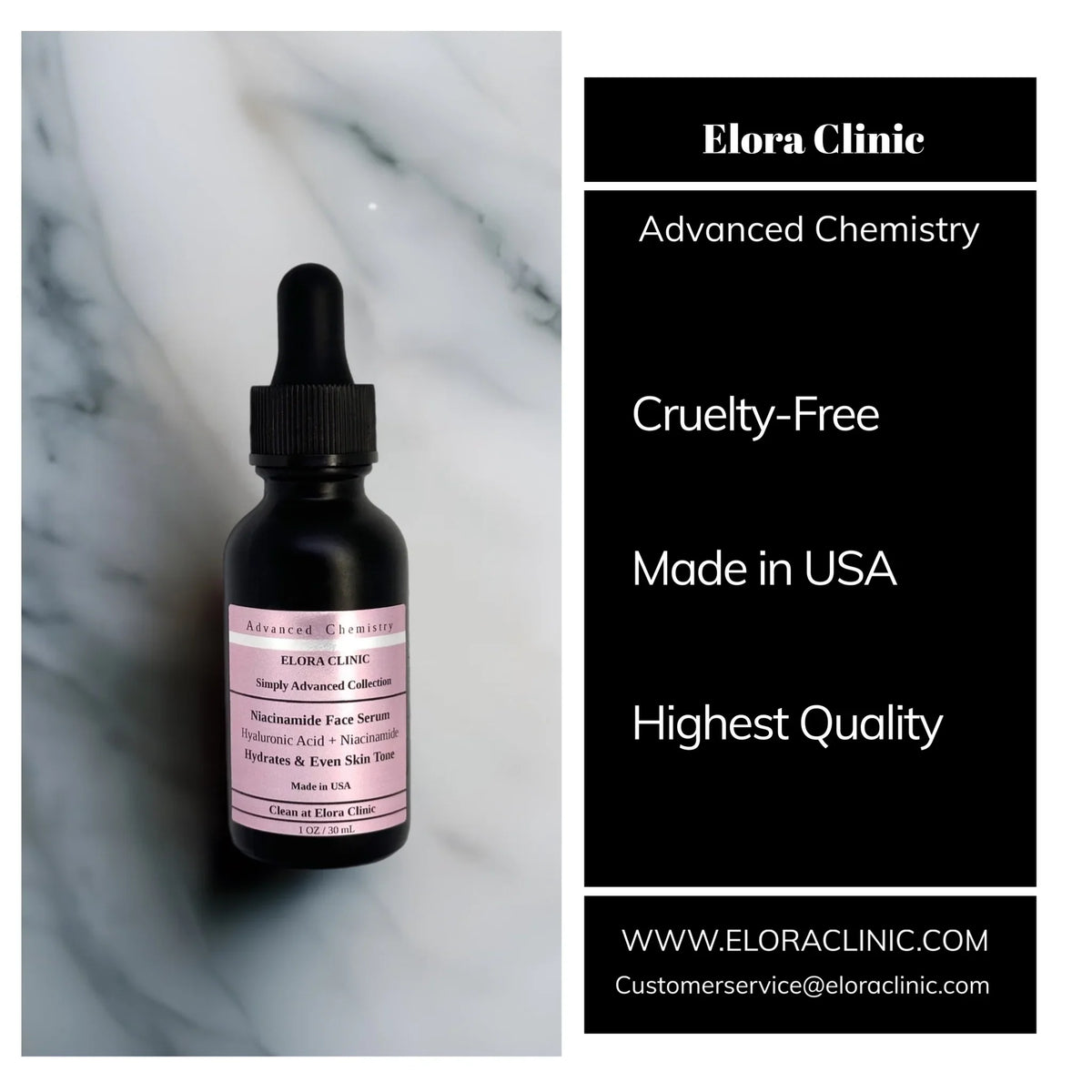 Elora Clinic 20 Niacinamide Serum - Niacinamide 20% + Hyaluronic Acid - Hydrating Hyaluronic acid + 20 Niacinamide Serum - Oil Free - Liquid Based