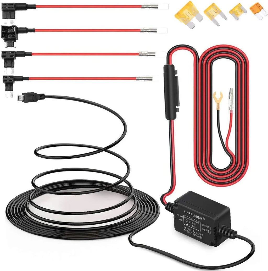 Dash Cam Hardwire Kit, Mini USB Port, DC 12V - 24V to 5V/2A Max Car Dash Camera Charger Cable kit with Fuse, Low
