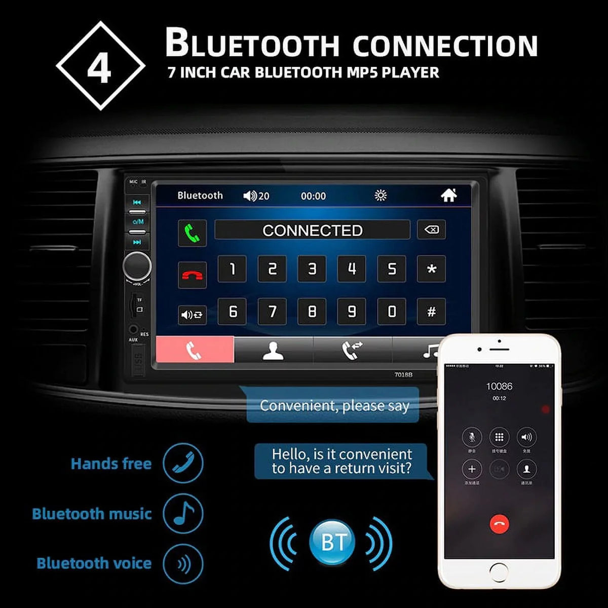 Polarlander Double Din Car Stereo Player Car Audio 7-inch HD Touch Monitor Car Radio Bluetooth with Multimedia SD USB FM AUX MP5/4/3 Mirror Link Function with 4LED Backup Camera