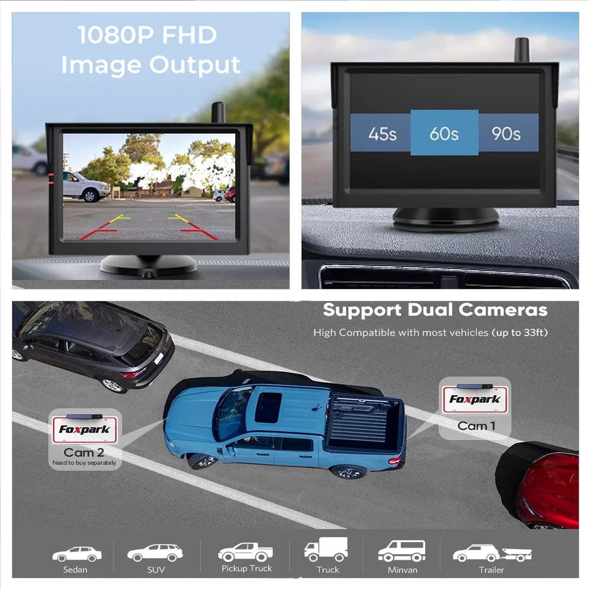 Foxpark Solar RV Wireless Backup Camera 5" Monitor Rear View Camera 2 Channels Trailer Reverse Camera for Van,Camper Highway Observations System (Solar 3)