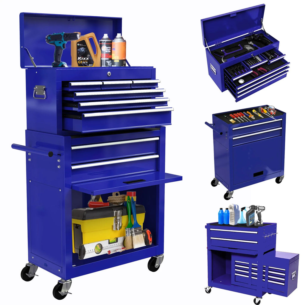 Tool Chest with Drawers, 2-IN-1 Rolling Tool Chest & Cabinet Large Capacity with 8 Drawers, Lockable Tool Box Organizer On Wheels with Sliding Drawers, Hidden Double Tool Box, Blue