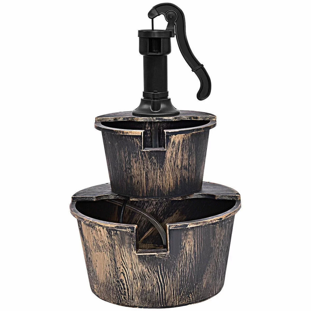 2-Tier Barrel Liquid Fountain with Pump | Outdoor Garden Barrel Fluid Fountain