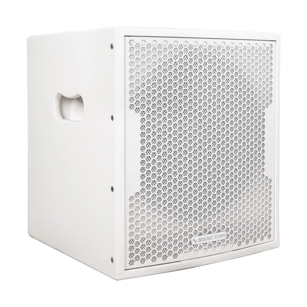 Sound Town 1400 Watts 12” Powered PA DJ Subwoofer with 2 Speaker Outputs, Folded Horn Design, White for Live Sound, Stage, Church, Lounge, Bar (CARPO-12DSWPW)