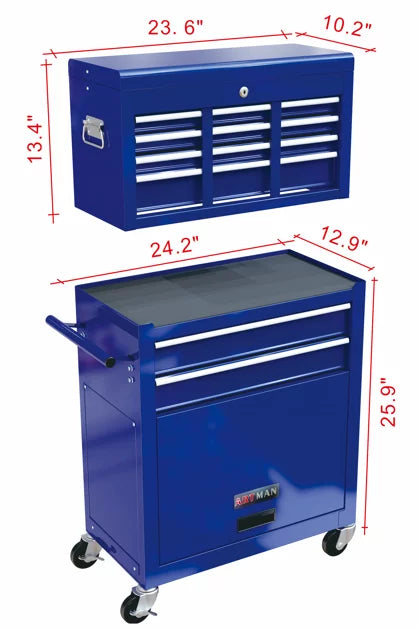 Tool Chest with Drawers, 2-IN-1 Rolling Tool Chest & Cabinet Large Capacity with 8 Drawers, Lockable Tool Box Organizer On Wheels with Sliding Drawers, Hidden Double Tool Box, Blue