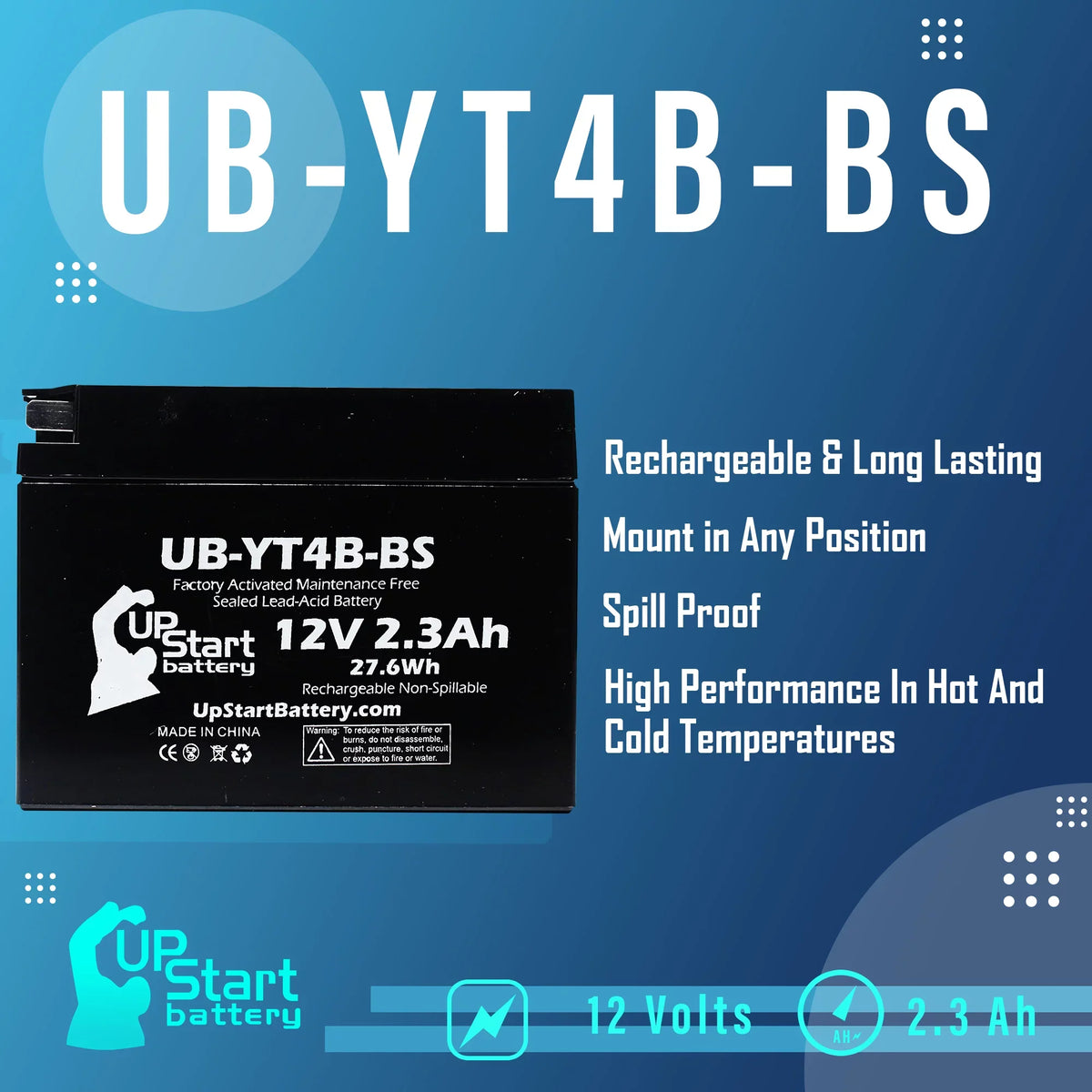4-Pack UpStart Battery Replacement for 2015 Yamaha TTR110E 110CC Factory Activated, Maintenance Free, Motorcycle Battery - 12V, 2.3Ah, UB-YT4B-BS