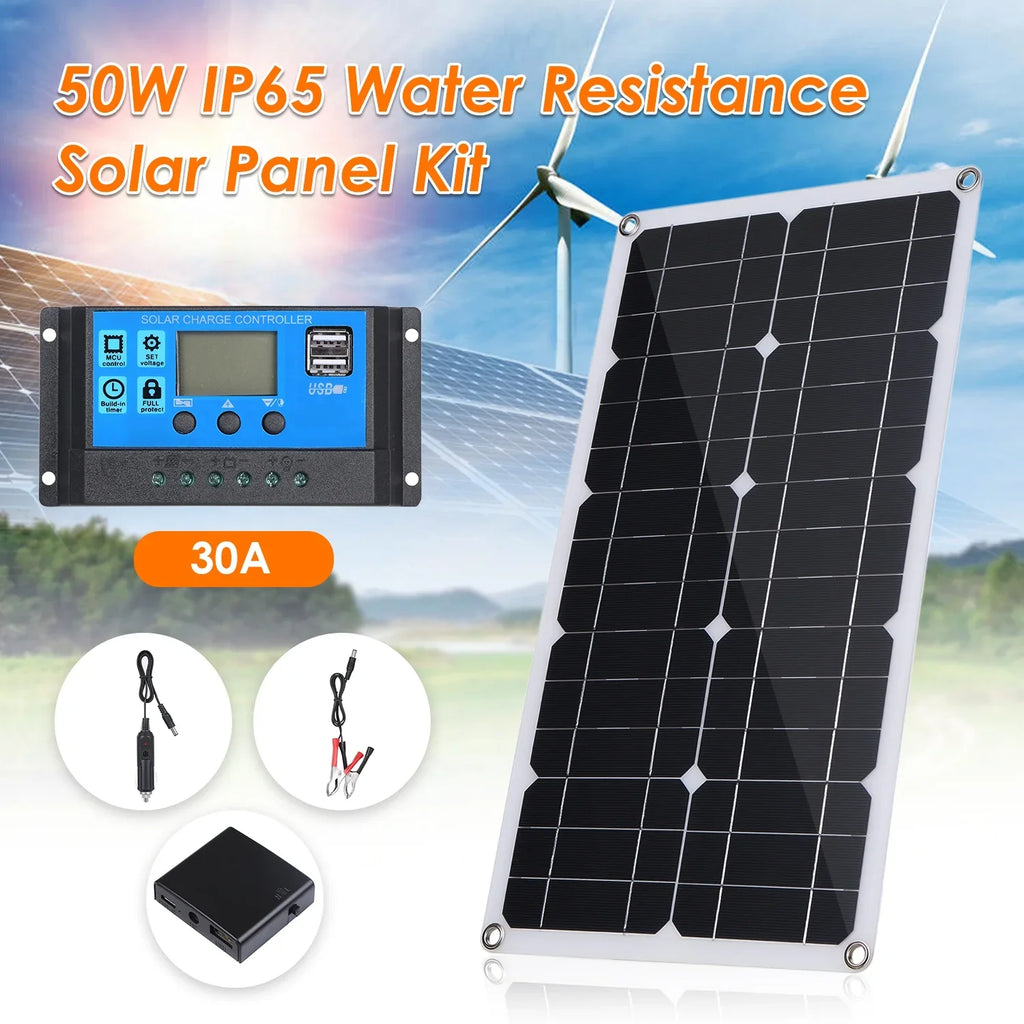 Dazzduo Solar Panel Kit,Car Display Kit Set 50W Solar Panel 30A Set USB/Type C 30A L-ED Display Resistance Car Boat C 9V/18V Solar Car 10/20/30/40/50A Solar 9V/18V Solar Panel Fluid Resistance Car