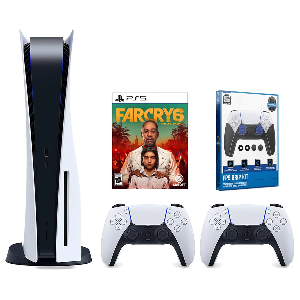 Playstation 5 Disc Version Console with Extra White Controller, Surge FPS Grip Kit With Precision Aiming Rings and Far Cry 6 Bundle