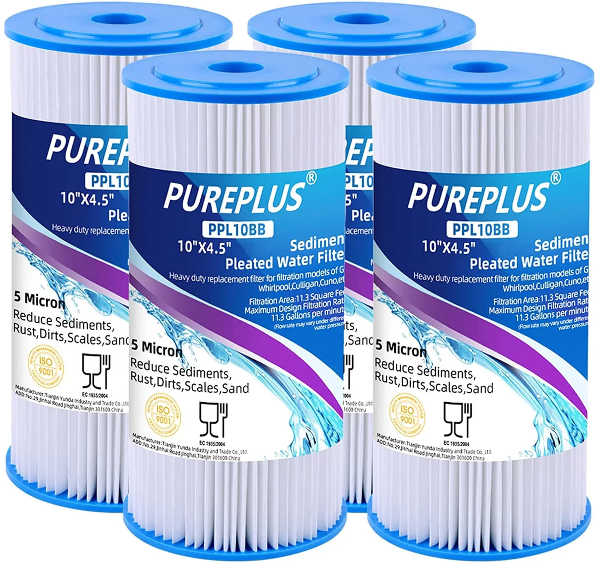 PUREPLUS 10" x 4.5" Whole House Pleated Sediment Filter for Well Fluid Replacement Cartridge for GE FXHSC, Culligan R50-BBSA, Pentek R50-BB, DuPont WFHDC3001, American Plumber W50PEHD, GXWH40L, 4Pack