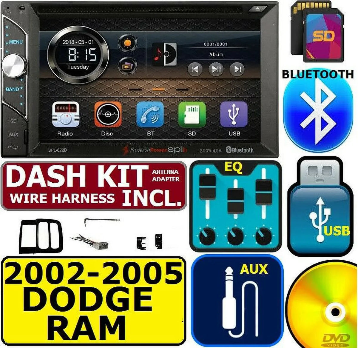 2002-2005 DODGE RAM CD/DVD BLUETOOTH USB/SD AUX EQ MONITOR CAR STEREO RADIO