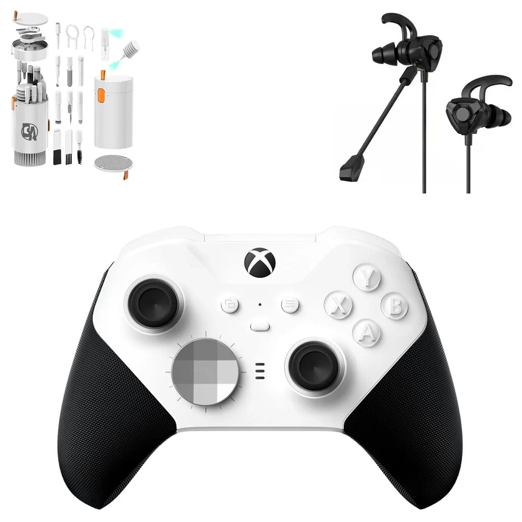 Xbox Elite Series 2 Wireless Gaming Controller White For Xbox Console With Black Gaming Buds + Cleaning Kit BOLT AXTION Bundle Like New
