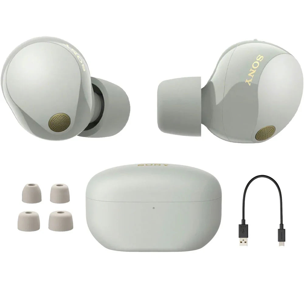WF-1000XM5 Industry Leading Noise Canceling Truly Wireless Earbuds (Silver) Bundle with Silicone Case (Black), Memory Foam Ear Tips, USB-A to USB-C Cable & 1 YR CPS Enhanced Protection Pack