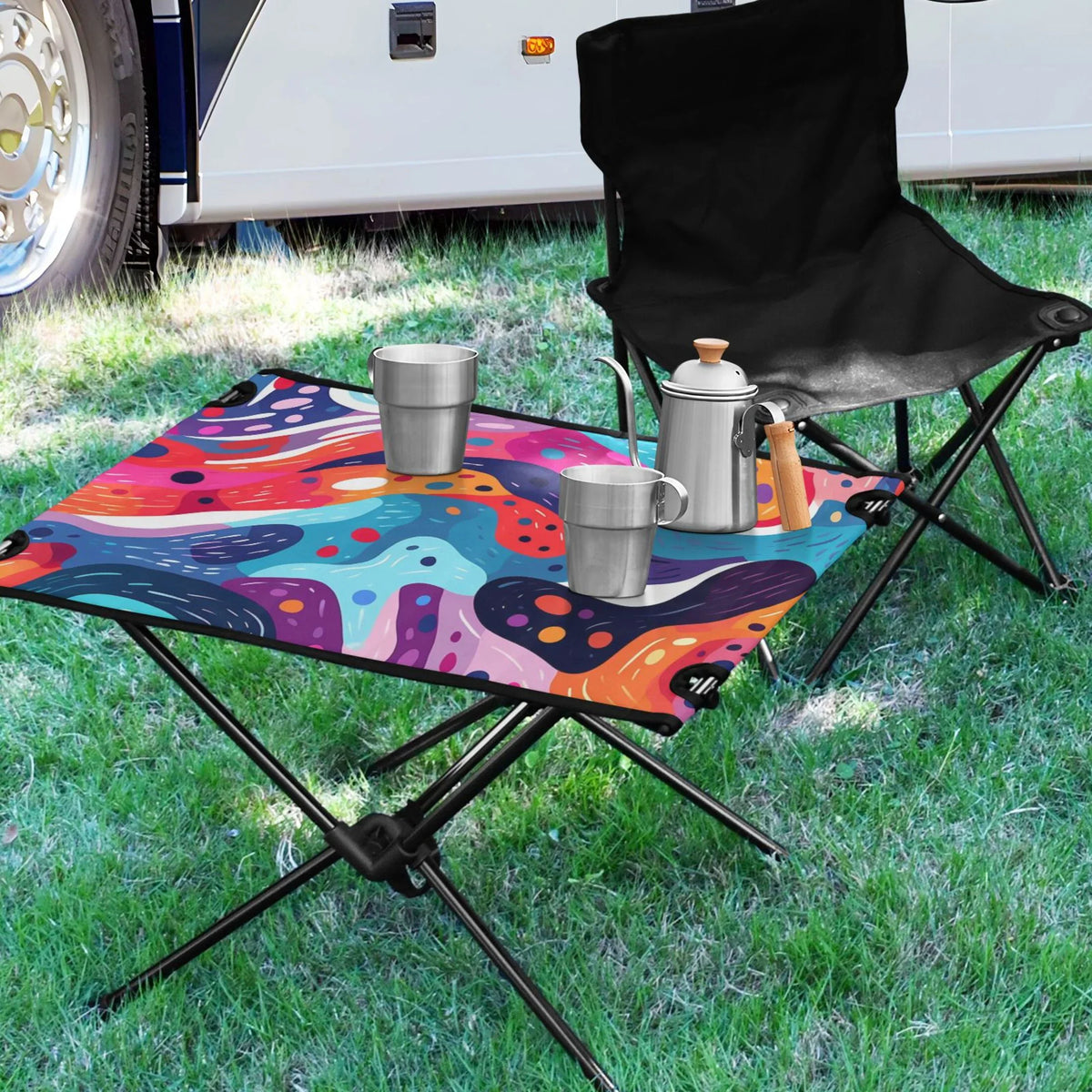 Abstract Art Paint Camping Folding Table Portable Beach Table with Storage Bag Compact Picnic Table for Outdoor Travel Fishing BBQ