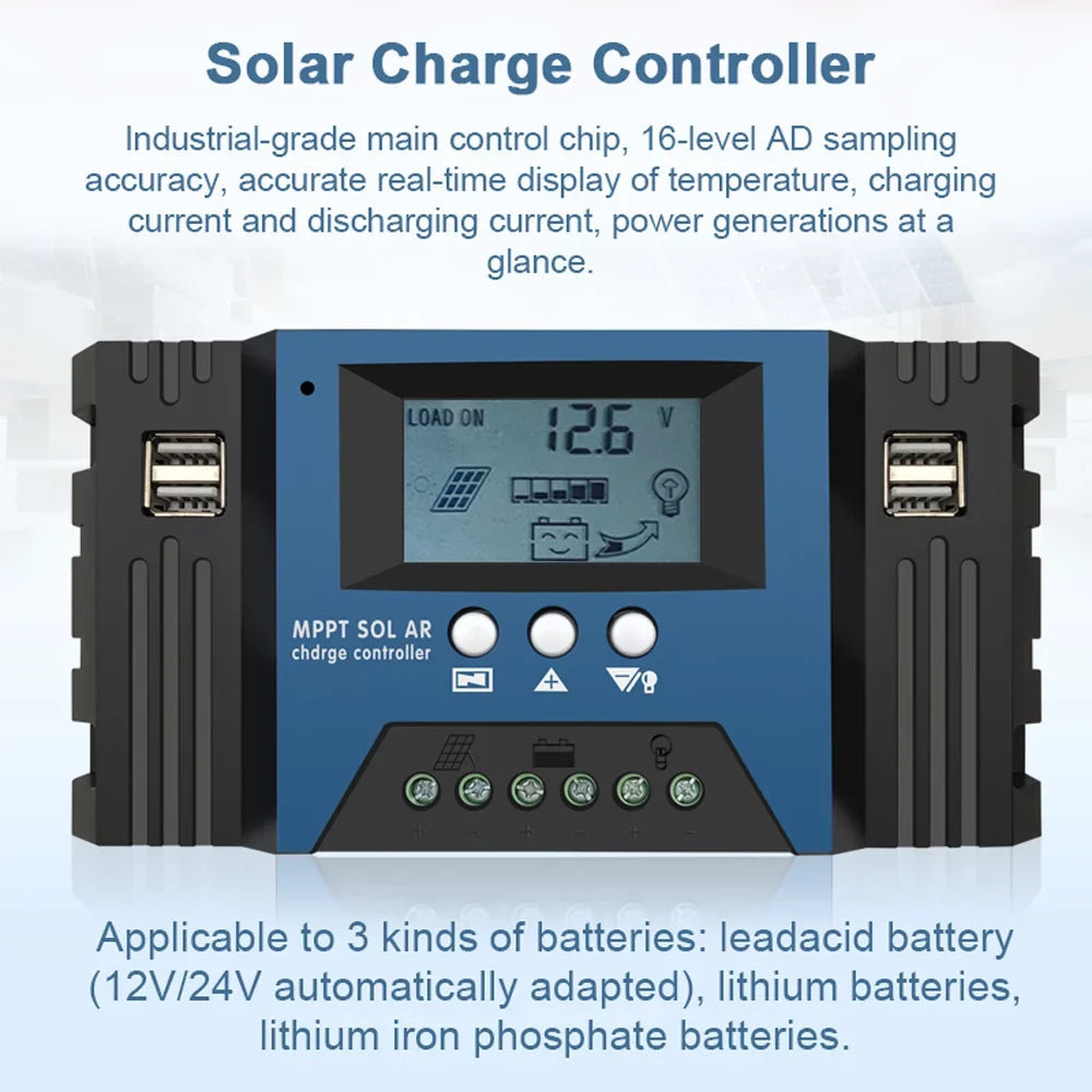 Vistreck 30A Solar Charge Controller 12/24V Auto Focus Solar Panel Controller Battery Processor Regulator with 4 USB Output Adjustable Parameter LCD Display Timer Setting