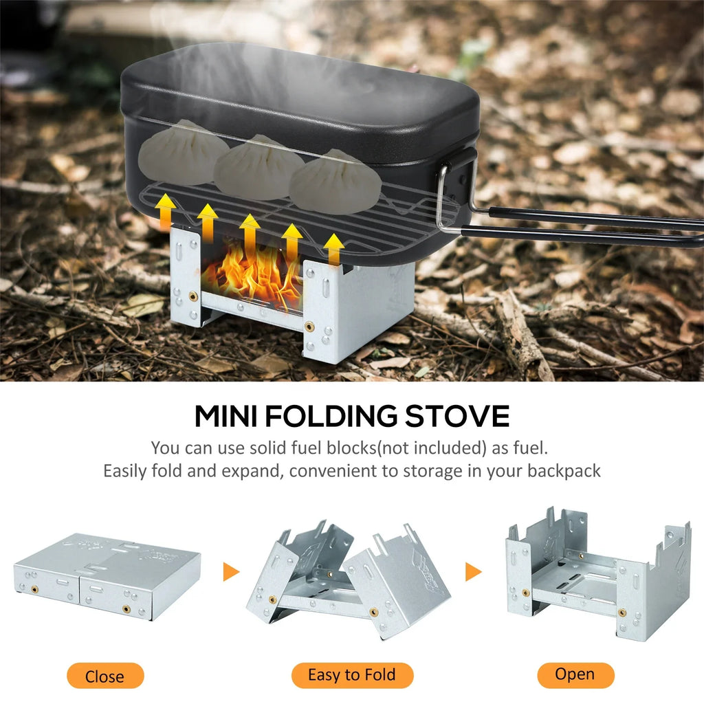 FlyFlise 4pcs Cookware Mess Kit 800ml Camping Lunch Box with Alcohol Stove Steaming Rack Cutting Board for Backpacking Hiking Fishing Mountaineering