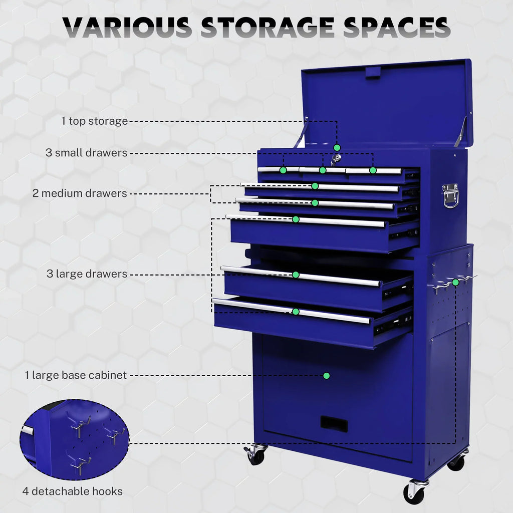 Tool Chest with Drawers, 2-IN-1 Rolling Tool Chest & Cabinet Large Capacity with 8 Drawers, Lockable Tool Box Organizer On Wheels with Sliding Drawers, Hidden Double Tool Box, Blue