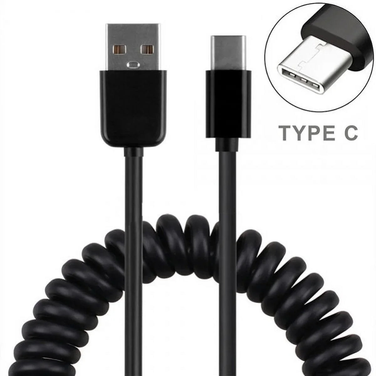 Type-C Coiled USB Cable w 3-Port USB 42W Quick Car Charger Z3R for Galaxy Note 10 Plus Fold A9 A50 A20 A10e - Sonim XP8 XP3 - Xperia 5 10 Plus 1 - Xiaomi Redmi Note 7, Mi Mix 2 9T