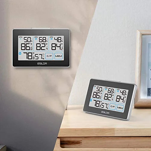 BALDR Digital Wireless Weather Station with 3 Remote Sensors, Real-Time Humidity Meter and Temperature Tracker with LCD, Display Built-in Stand and Hanging Slot, 262 ft Max Distance - Black