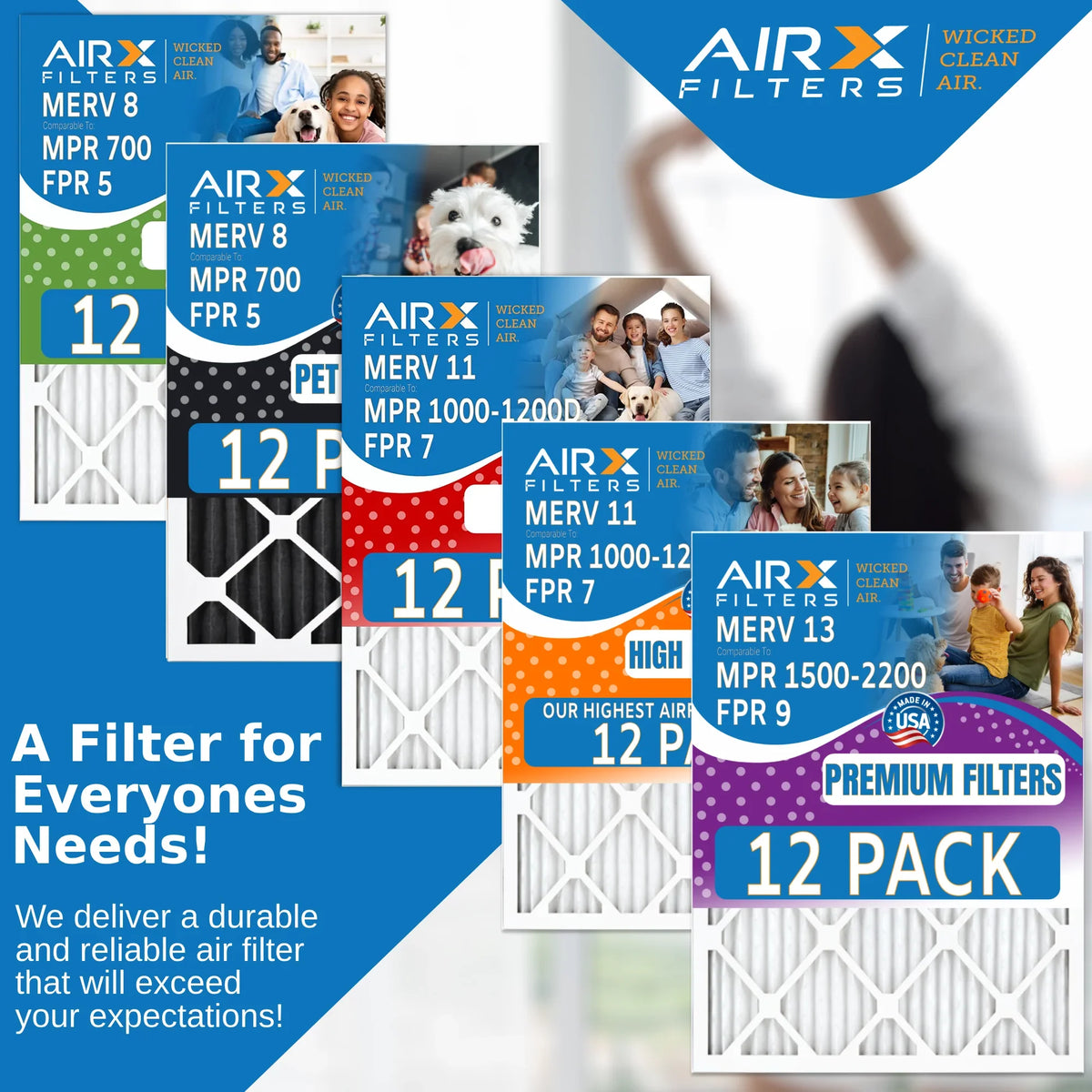 12x12x1 Air Filter MERV 11 Rating, 12 Pack of Furnace Filters Comparable to MPR 1000, MPR 1200 & FPR 7 - Made in USA by AIRX FILTERS WICKED CLEAN AIR.