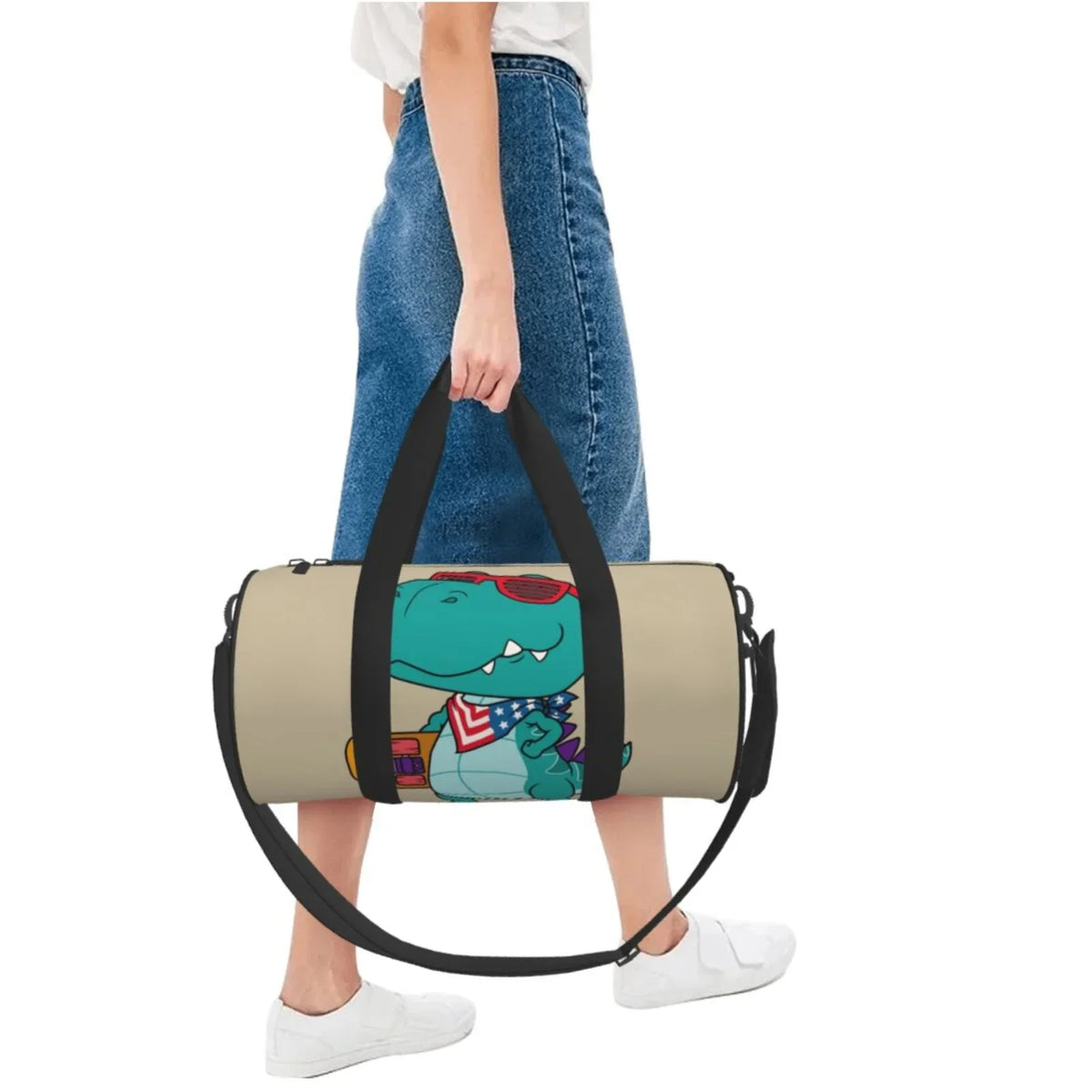 Coaee Cool Dino Playing Skateboard Large Capacity Travel Luggage Bag Cylinder Gym Bag Liquid Sports Bag with Pocket and Compartment