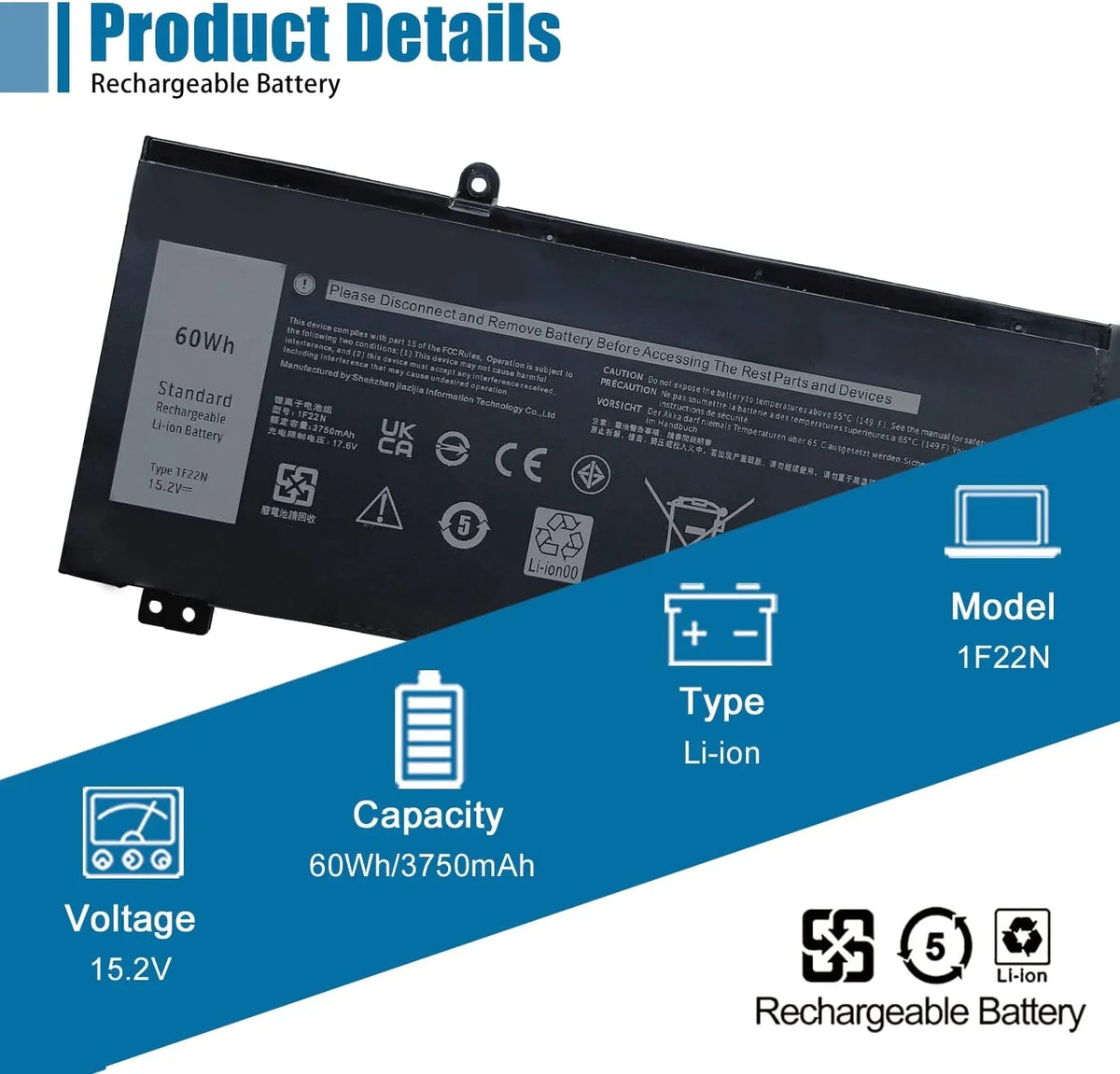 1F22N Portable computer y, 15.2V 60Wh 3750mAh 4-Cell Compatible with Alienware M15 M17 R1 G7 7590 7790 G5 5590-D2783W