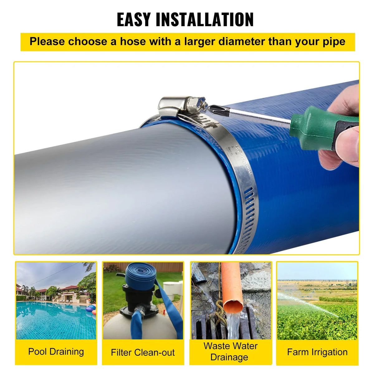 VEVOR Discharge Hose, 1-12" x 105', PVC Fabric Lay Flat Hose, Heavy Duty Backwash Drain Hose with Clamps, Weather-proof & Burst-proof, Ideal for Swimming Pool & Liquid Transfer, Blue