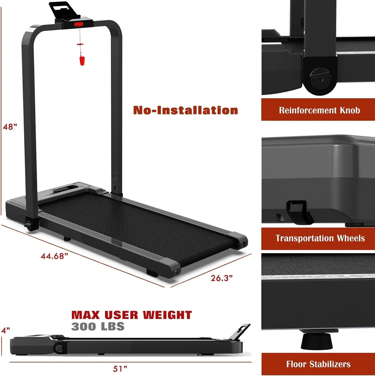 Walking Pad Treadmill, Under Desk Treadmill, Stable and Tough 300 Lb Capacity Treadmills for Home Small, Installation-Free with Remote Control