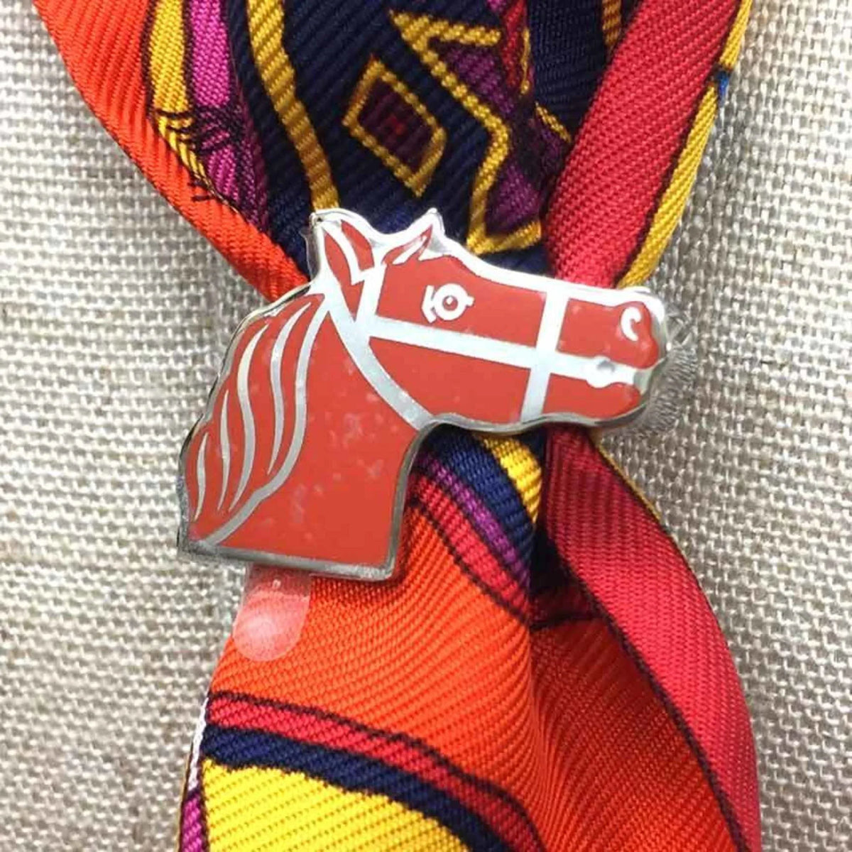 Pre-Owned HERMES Twilly Ring Quadrige Scarf Muffler Orange/Silver 2022 Collection Hermes Women's (Like New)