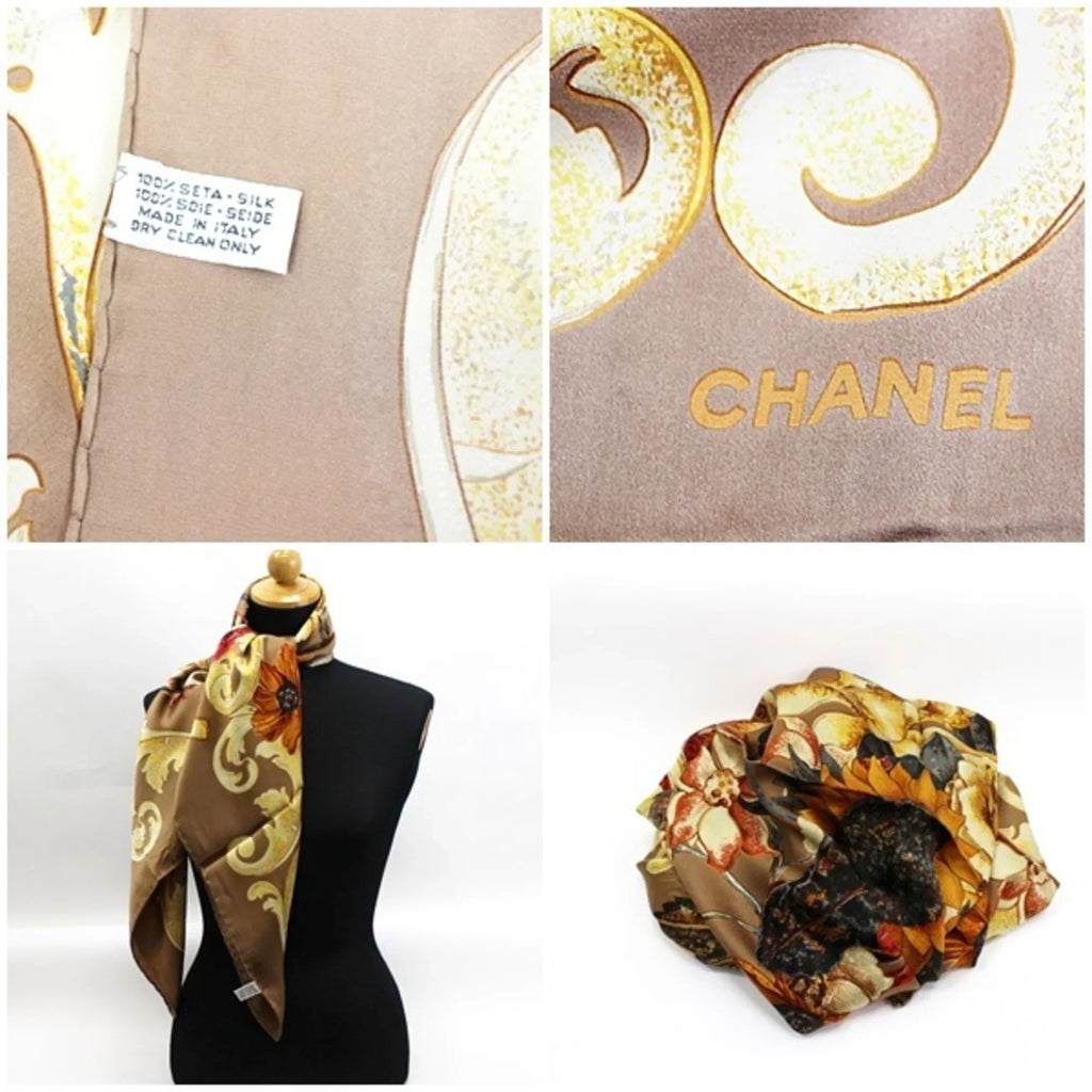 Pre-Owned Chanel Silk Scarf Muffler Coco Mark Sunflower. Bird. Brown CHANEL Ladies (New)
