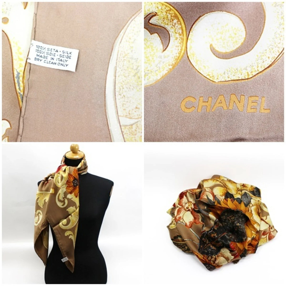 Pre-Owned Chanel Silk Scarf Muffler Coco Mark Sunflower. Bird. Brown CHANEL Ladies (New)