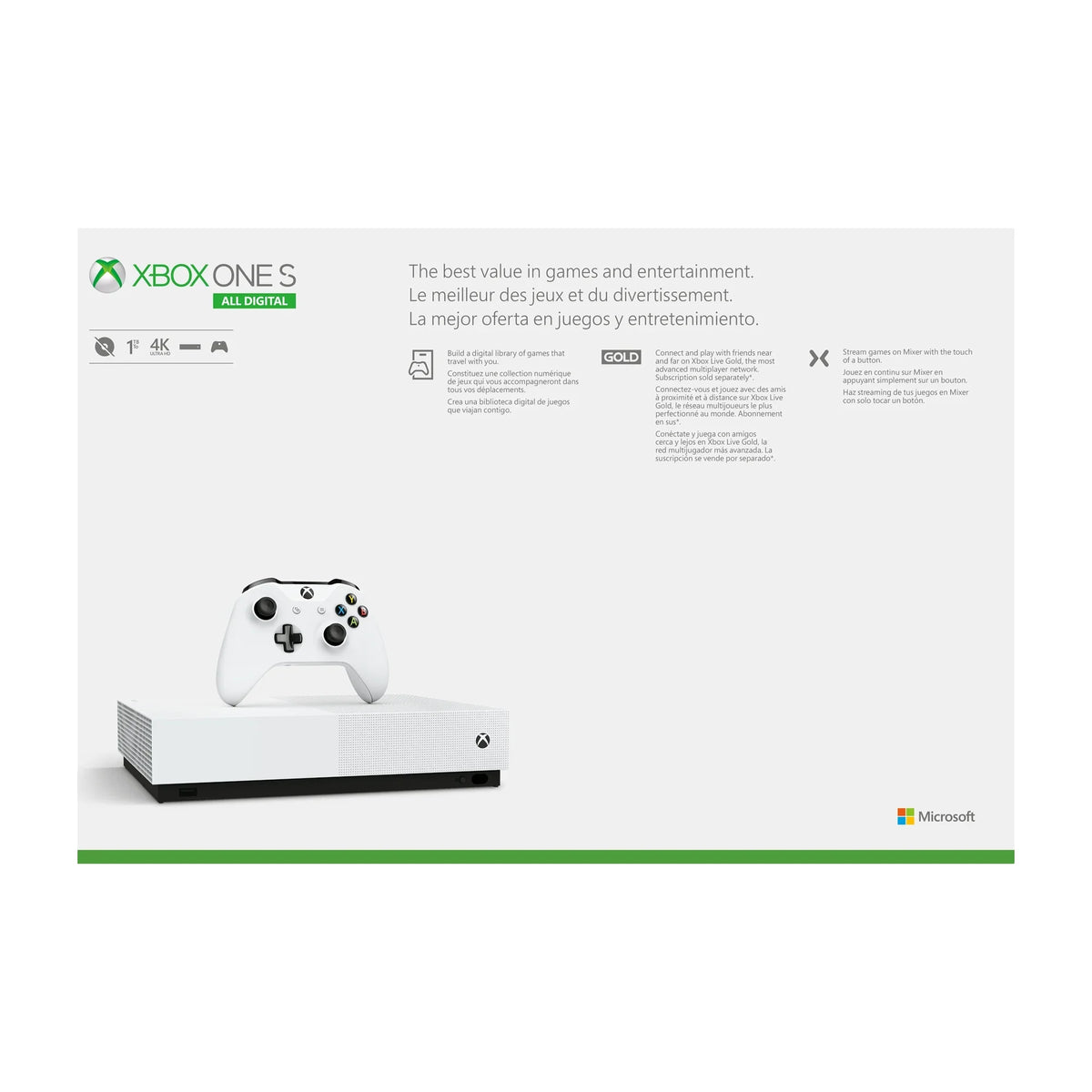 Xbox One S 1TB All-Digital Edition Console (Disc-free Gaming), White, NJP-00024