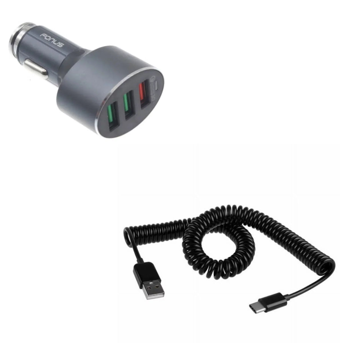 Type-C Coiled USB Cable w 3-Port USB 42W Quick Car Charger Z3R for Galaxy Note 10 Plus Fold A9 A50 A20 A10e - Sonim XP8 XP3 - Xperia 5 10 Plus 1 - Xiaomi Redmi Note 7, Mi Mix 2 9T