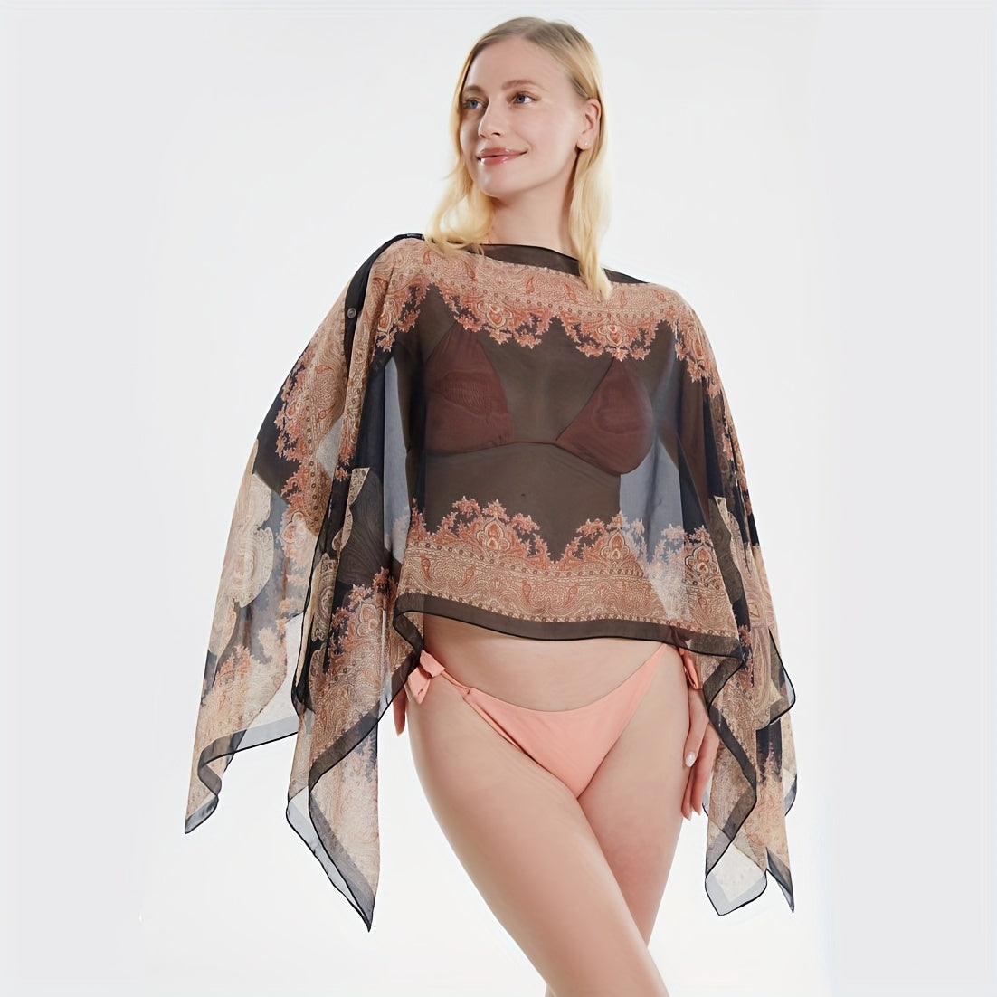 Jkzcp Fashionable Sun Protection Vintage Paisley Print Shawl Bikini Cover Up With Button