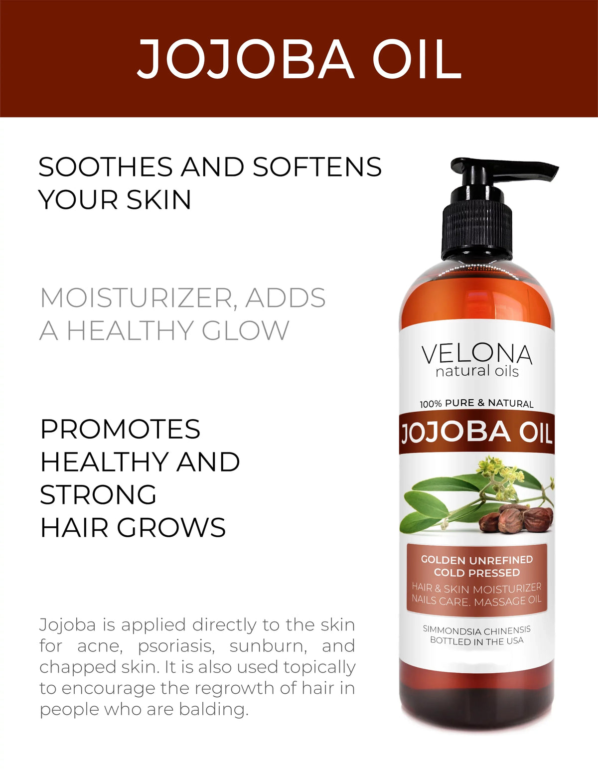 Velona Jojoba Oil - 112 oz | 100% Pure and Natural Carrier Oil| Golden, Unrefined, Cold Pressed, Hexane Free | Moisturizing Face, Hair, Body, Skin Care, Stretch Marks, Cuticles