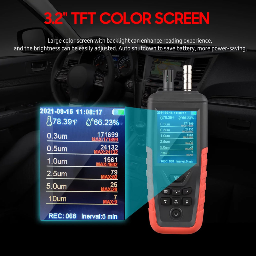 Walmeck Dust Particle Counter 6-Channel 0.3um/ 0.5μm/ 1.0μm/ 2.5μm/ 5.0μm/ 10um PM2.5 PM10 Detector with 3.2-inch Backlight TFT Color Display Air Quality Tester Temperature Humidity Home Offi