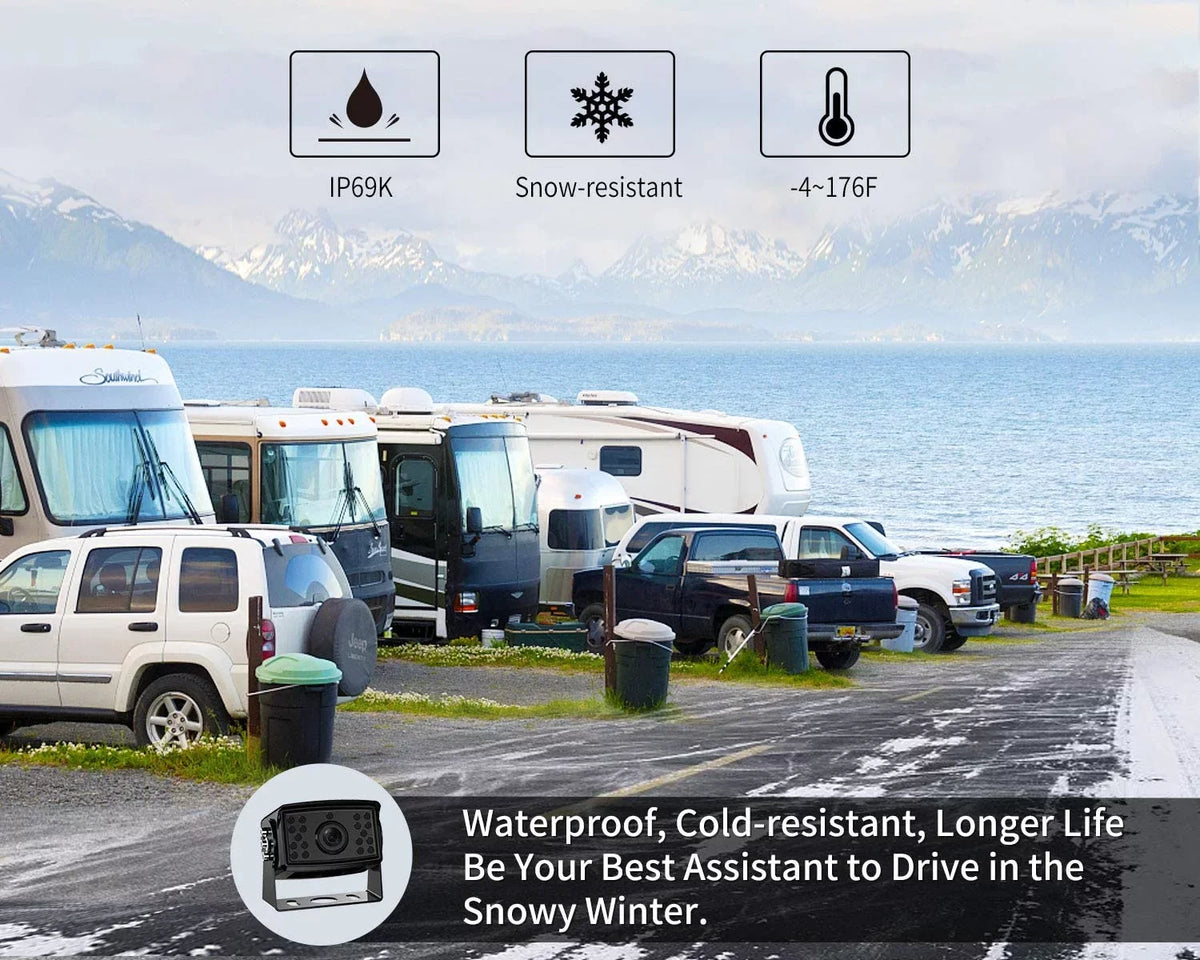 Fookoo HD Backup Camera System, 7'' DVR Split Display Monitor and Liquid Rear View Cameras with Parking Lines Reversing for RV/Truck/Trailer/Bus/Semi-Trailer/Tractor/5th Wheel Trailer(DY704)