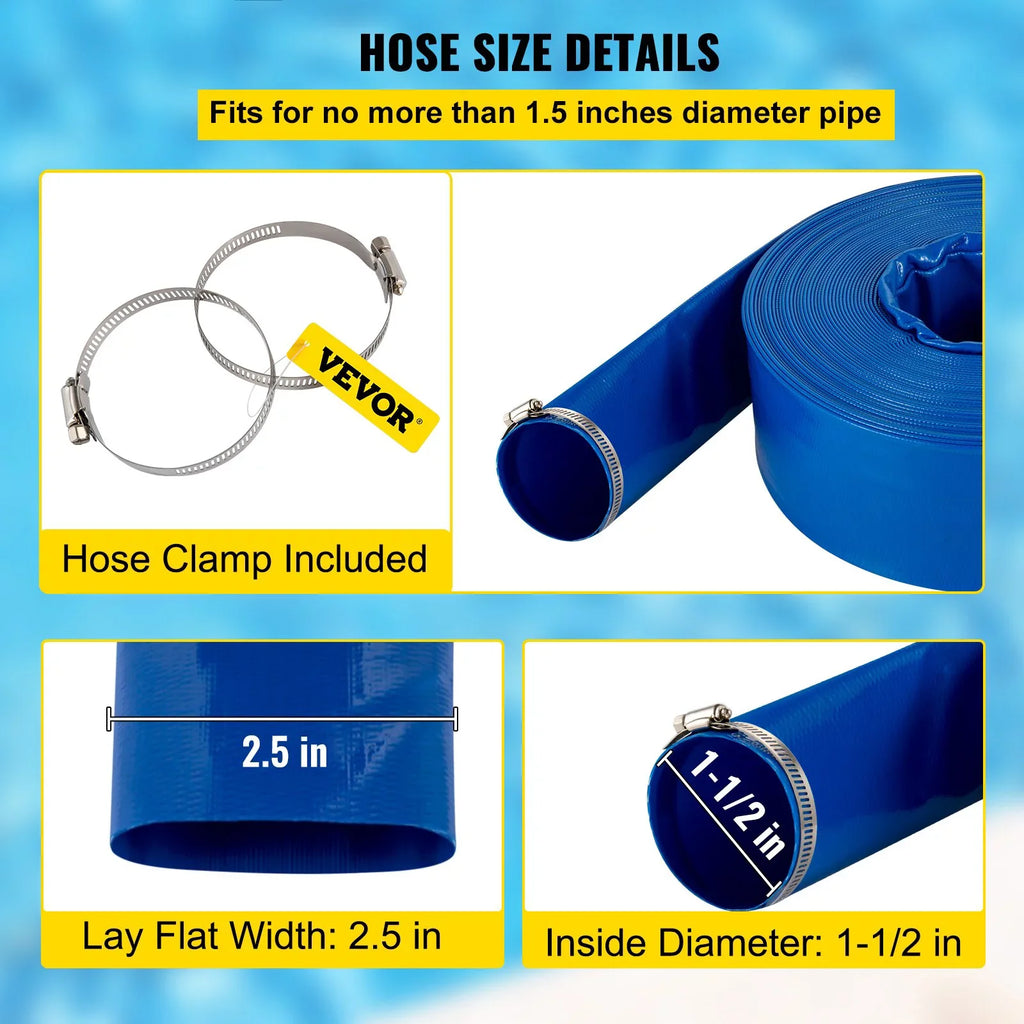 VEVOR Discharge Hose, 1-12" x 105', PVC Fabric Lay Flat Hose, Heavy Duty Backwash Drain Hose with Clamps, Weather-proof & Burst-proof, Ideal for Swimming Pool & Liquid Transfer, Blue
