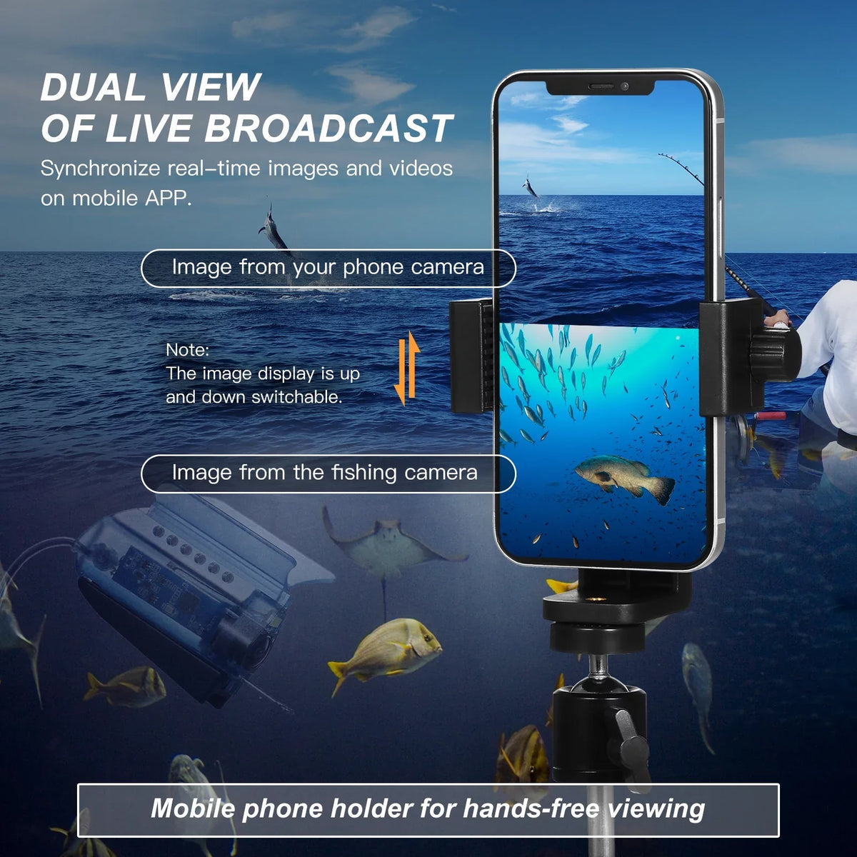 Carevas 1080P Fluid Fishing Camera with APP Control Fishing Live Video Camera Fish Finder with 50M Cable Mobile Phone Holder Bait Cage Carry Case for Ice Lake Sea Boat Kayak Fishing