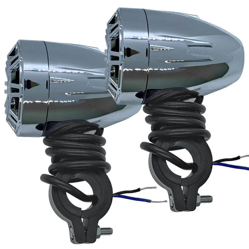 Pair of Chrome 2.25 Inch Fluid Speakers for Powersports, Liquid ATV, Off Road Vehicles, Motorcycles, Golf Carts - Mounting Clamps Included