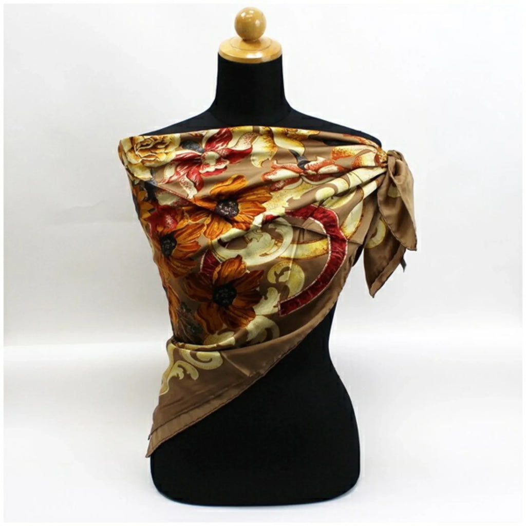Pre-Owned Chanel Silk Scarf Muffler Coco Mark Sunflower. Bird. Brown CHANEL Ladies (New)