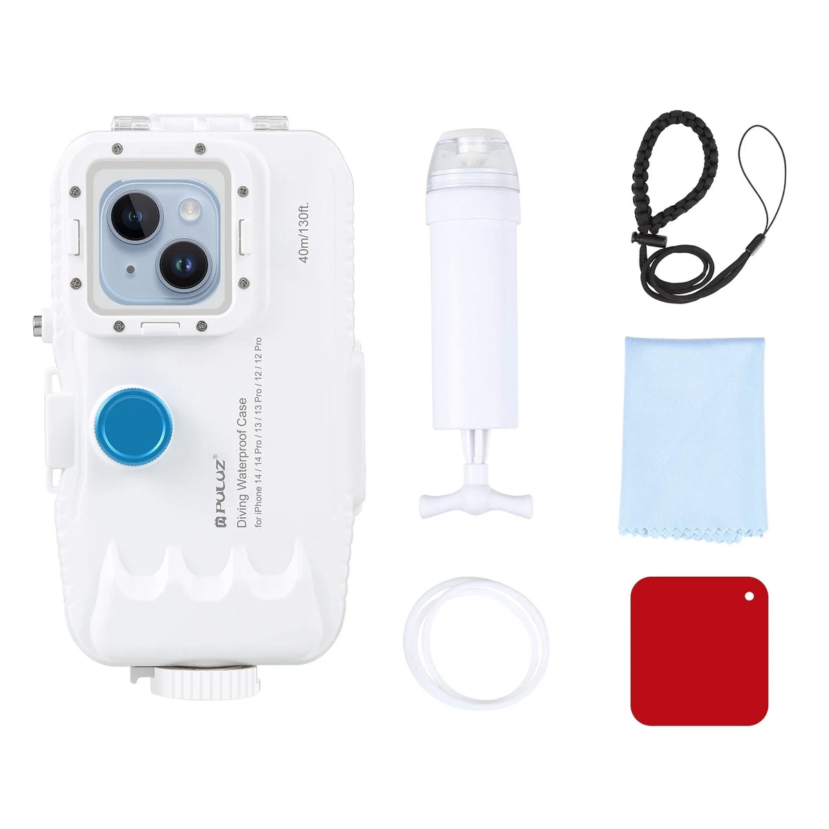 PULUZ 40M131ft Fluid Phone Case Diving Case Smartphone Fluid Housing Protective Case with Red Filter Neck Strap Cleaning Cloth Replacement for 14/ 14 Pro/ 13/ 13 Pro/ 12/ 12 P