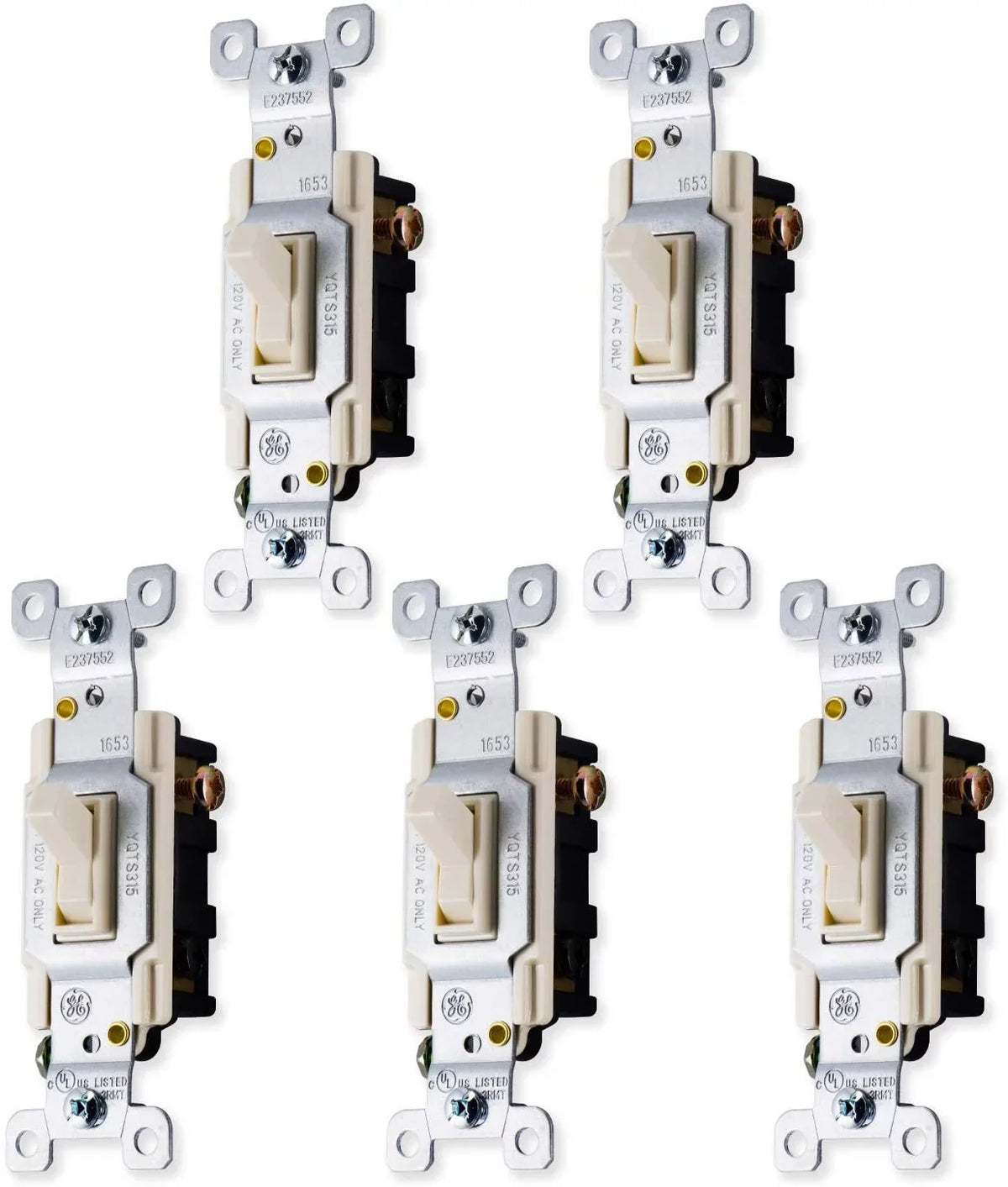 GE Switch, Light Grounding Toggle 5 Pack, 3-Way, 15 Amp, Light Almond, 44032