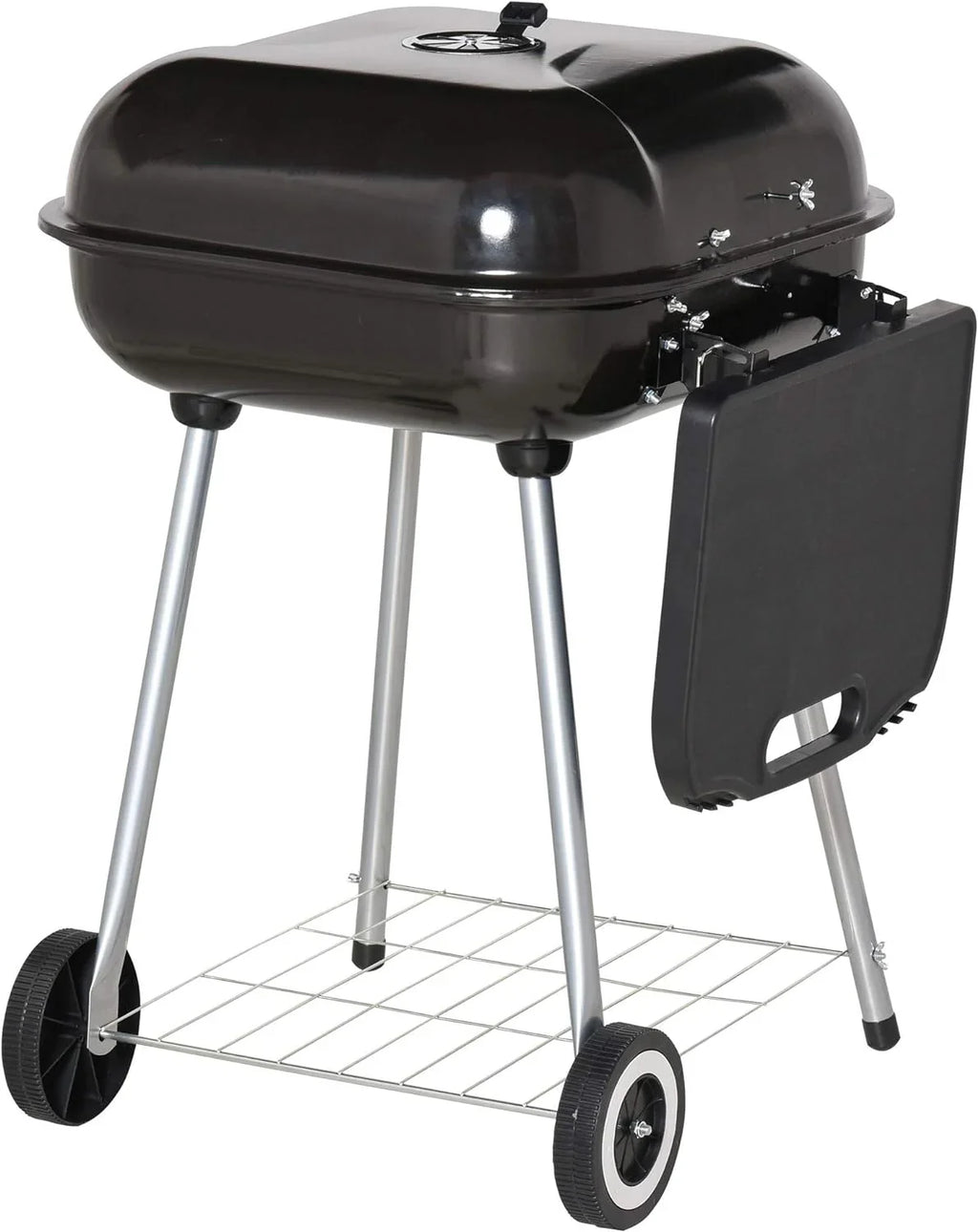 Portable Charcoal Grill with Foldable Side Shelf and Bottom Shelf, BBQ Smoker with Wheels and Adjustable Vents on Lid for Picnic Camping Backyard Cooking, Black