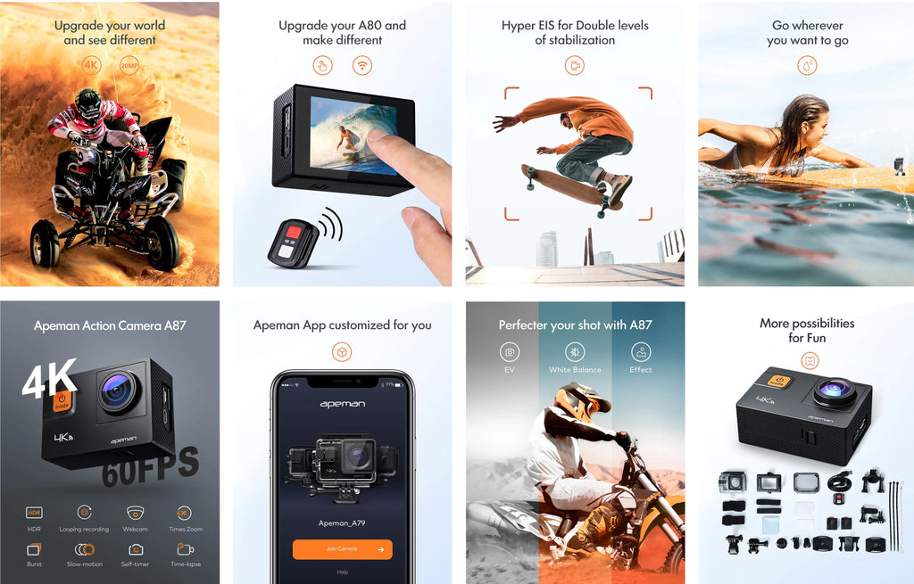 Apeman A87 Action Camera, UHD 4K/60fps 20MP Display WiFi Liquid Camcorder for Motorbike and Skateboard Camera