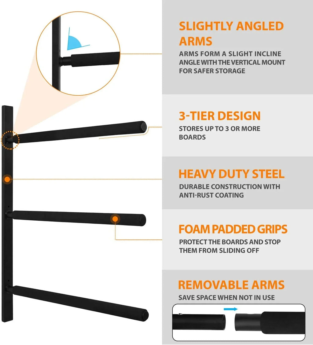 Yes4All Heavy Duty Steel Wall Mount Paddle Board Racks, Surfboard Hanger with Padded Foam, Store & Display Up to 3 Surfboards, Snowboards, Longboards, Black, 34.25" x 5.51" x 3.54"
