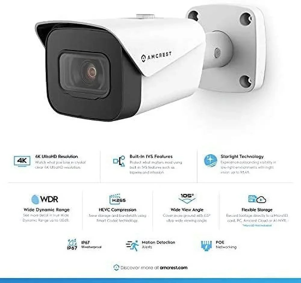 2-Pack Amcrest UltraHD 4K (8MP) Bullet POE IP Camera, 3840x2160, 131ft NightVision, 2.8mm Lens, IP67 Weatherproof, MicroSD Recording, White (2PACK-IP8M-2496EW)