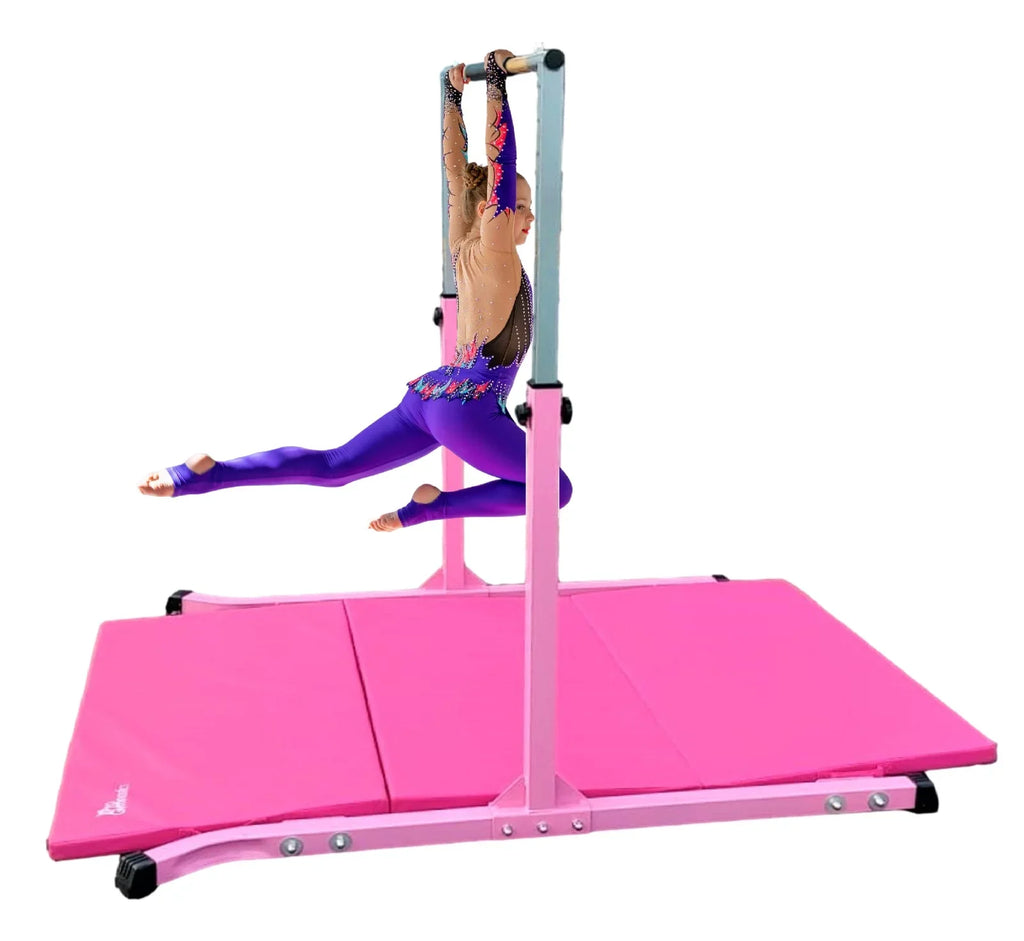 5 Star-TD Gymnastic Kip Bar Expandable 3 FT to 5 FT for Kids Gymnastics Junior Training, Height Adjustable Horizontal Bar Heavy Duty Strong Curved Legs Home Gym Gymnastics Training Equipment (Pink)