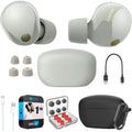 WF-1000XM5 Industry Leading Noise Canceling Truly Wireless Earbuds (Silver) Bundle with Silicone Case (Black), Memory Foam Ear Tips, USB-A to USB-C Cable & 1 YR CPS Enhanced Protection Pack